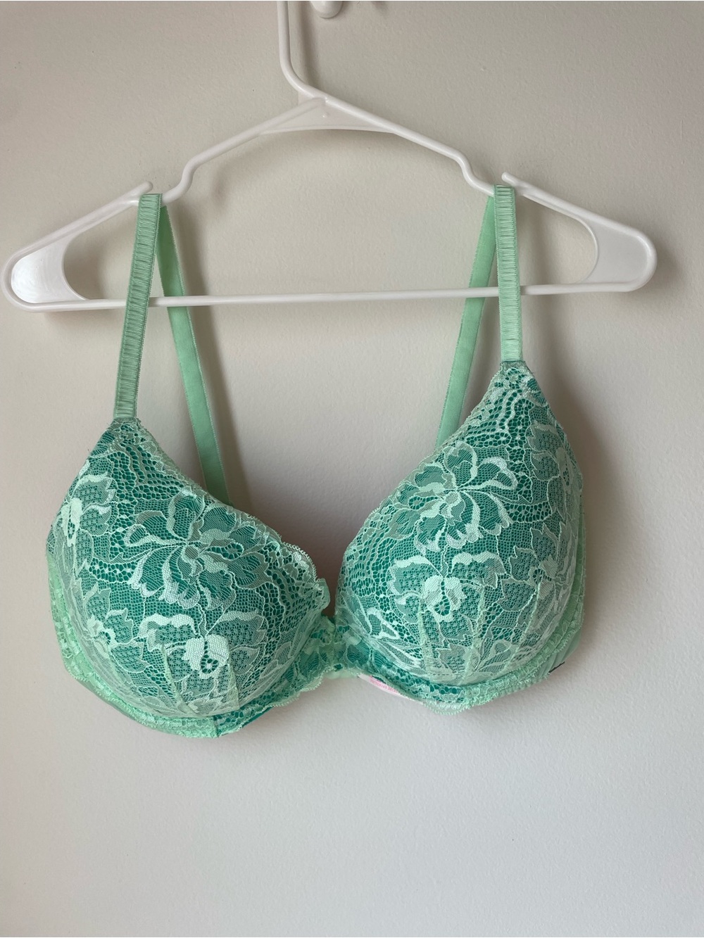 Victoria’s Secret pink green lace push-up bra